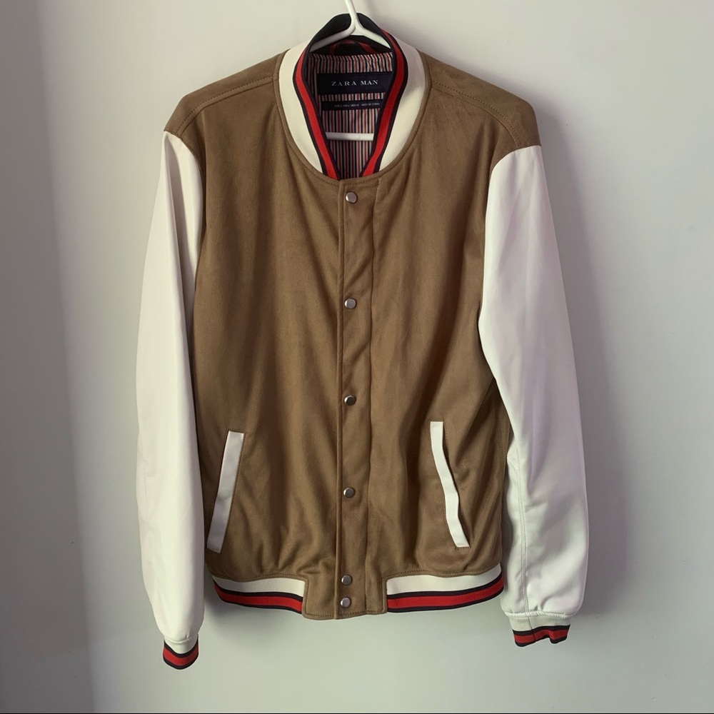 Zara man faux leather sleeves varsity jacket